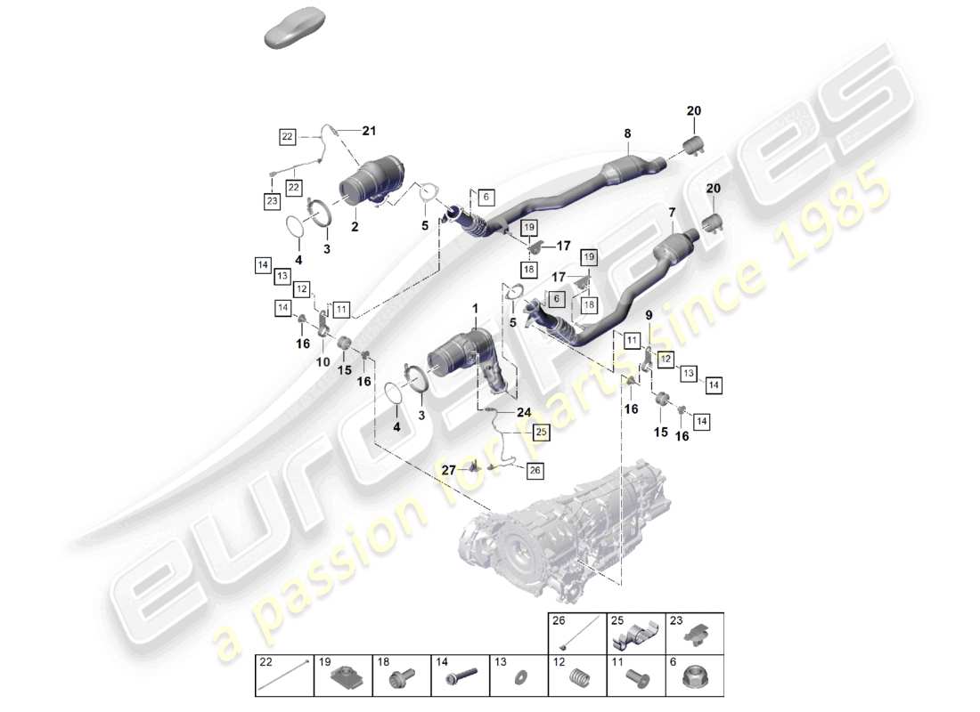 porsche 2025 (cayenne e3 pa) sistema di scarico filtro antiparticolato per benzina tubo di scarico con catalizzatore sonda lambda schema dei componenti