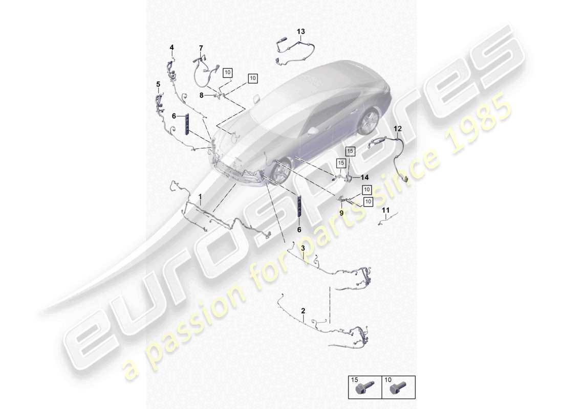 porsche 2021 (panamera 971-1) cablaggi paraurti sistema frenante antibloccaggio - abs - indicatore usura pastiglie freno cablaggio assale anteriore per sospensioni autolivellanti schema dei componenti