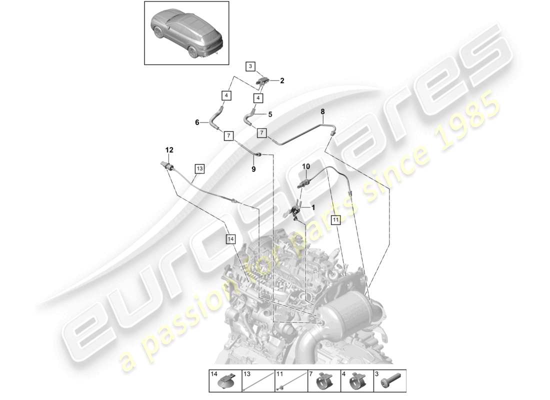 porsche 2024 (cayenne e3 9ya/9yb) linea di controllo con sensore di differenza di pressione sensore di temperatura dei gas di scarico schema delle parti