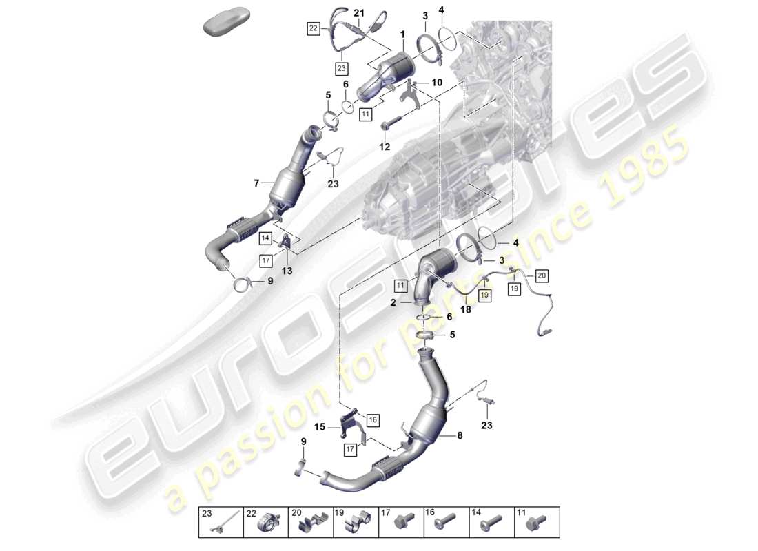porsche 2025 (panamera 976) sistema di scarico convertitore catalitico filtro antiparticolato per benzina sonda lambda schema dei componenti