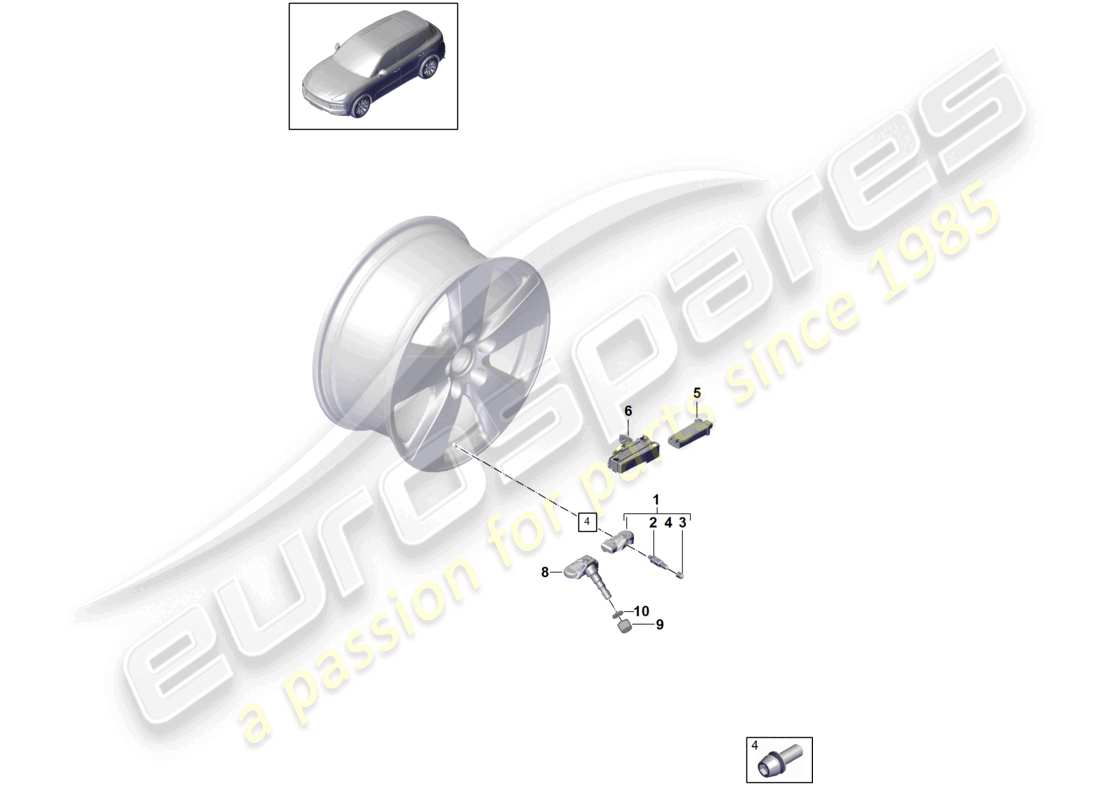 porsche 2023 (cayenne e3 9ya/9yb) schema delle parti del sistema di controllo della pressione dei pneumatici