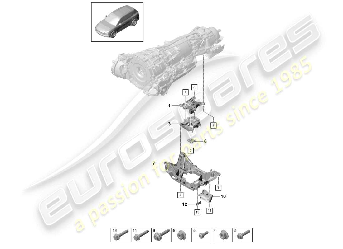 porsche 2023 (cayenne e3 9ya/9yb) schema delle parti del supporto della trasmissione del montaggio del cambio