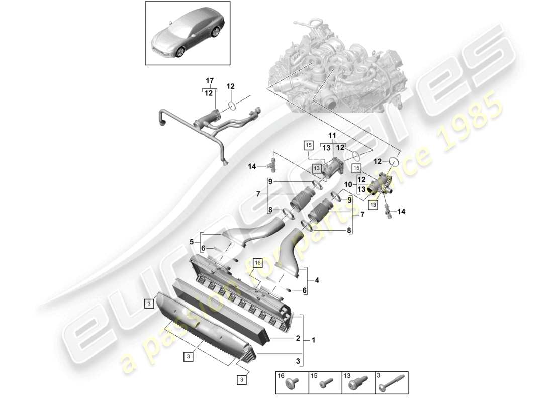porsche 2021 (panamera 971-1) schema delle parti del collettore di aspirazione del tubo di aspirazione dell'alloggiamento del filtro dell'aria