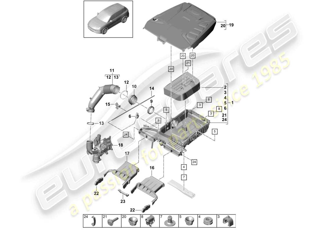 porsche 2022 (cayenne e3 9ya/9yb) filtro dell'aria con parti di collegamento coperchio motore schema delle parti