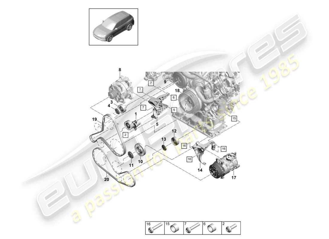 porsche 2023 (cayenne e3 9ya/9yb) cinghia poly-v tenditore della cinghia diagramma delle parti