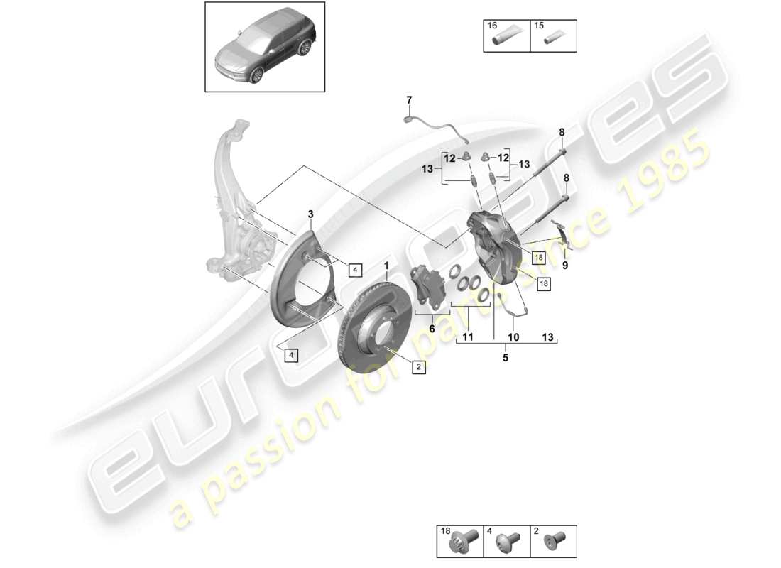 porsche 2023 (cayenne e3 9ya/9yb) freno a disco 18 assale anteriore nero/verde schema delle parti