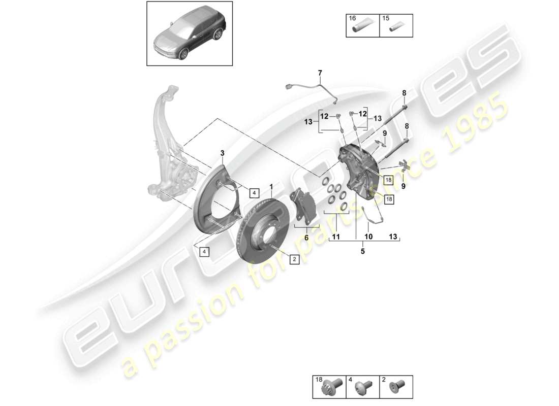 porsche 2023 (cayenne e3 9ya/9yb) freno a disco 19 schema delle parti dell'assale anteriore
