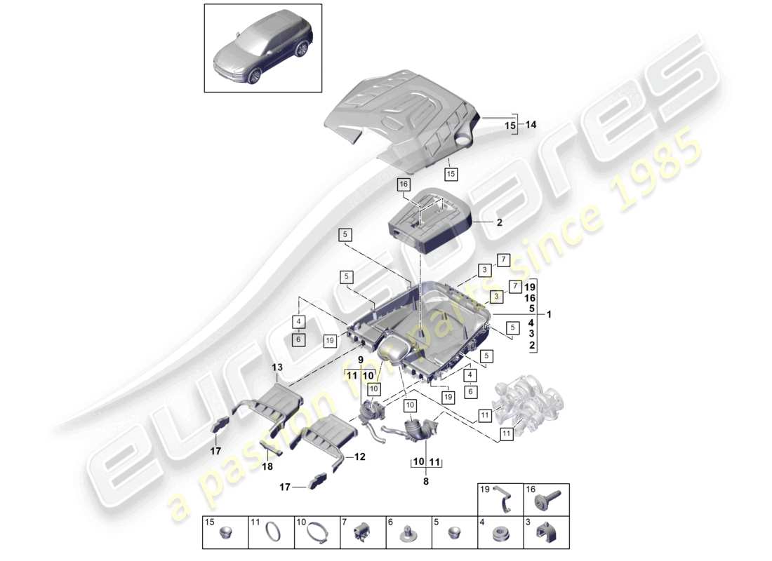 porsche 2024 (cayenne e3 9ya/9yb) filtro dell'aria con parti di collegamento coperchio motore schema delle parti