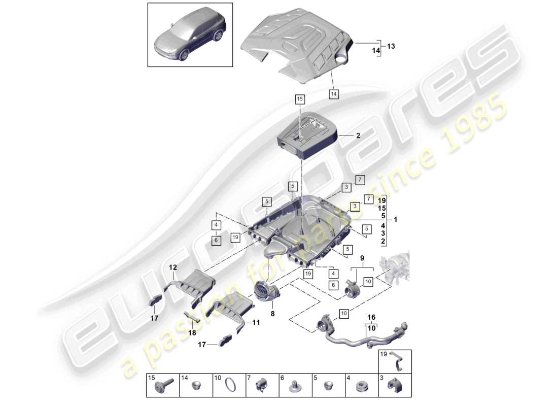 porsche 2024 (cayenne e3 9ya/9yb) filtro dell'aria con parti di collegamento coperchio motore schema delle parti