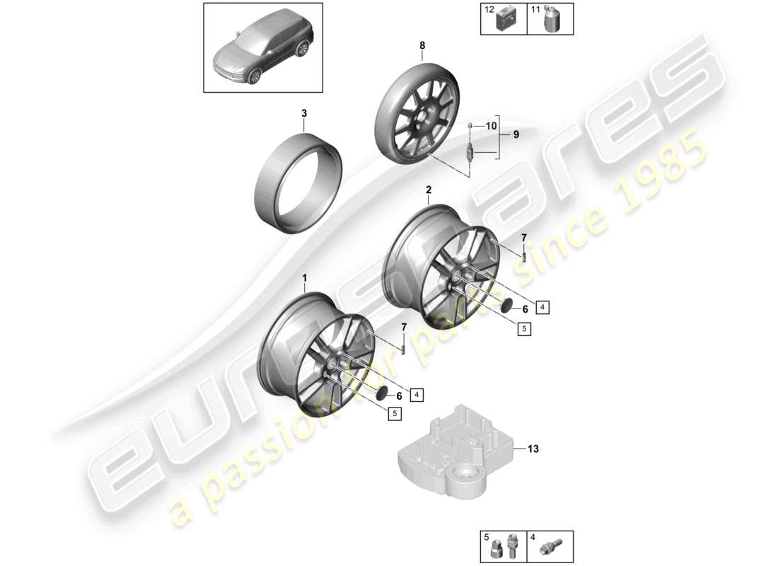 porsche 2024 (cayenne e3 9ya/9yb) diagramma delle parti del cerchio in lega