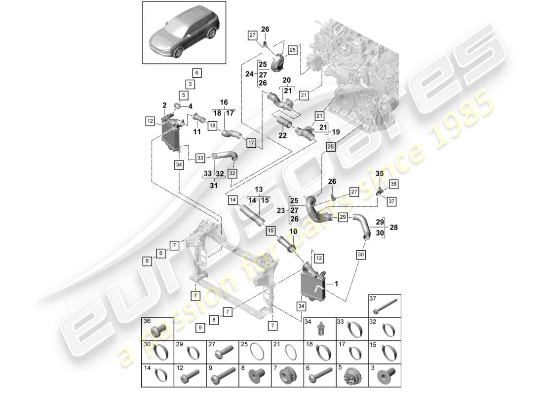 porsche 2022 (cayenne e3 9ya/9yb) schema delle parti del tubo di pressione del refrigeratore dell'aria di sovralimentazione