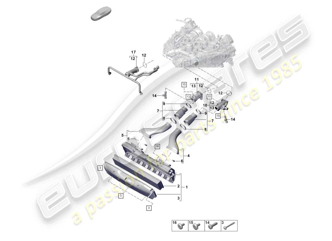 porsche 2024 (panamera 971-2) schema delle parti del collettore di aspirazione del tubo di aspirazione dell'alloggiamento del filtro dell'aria