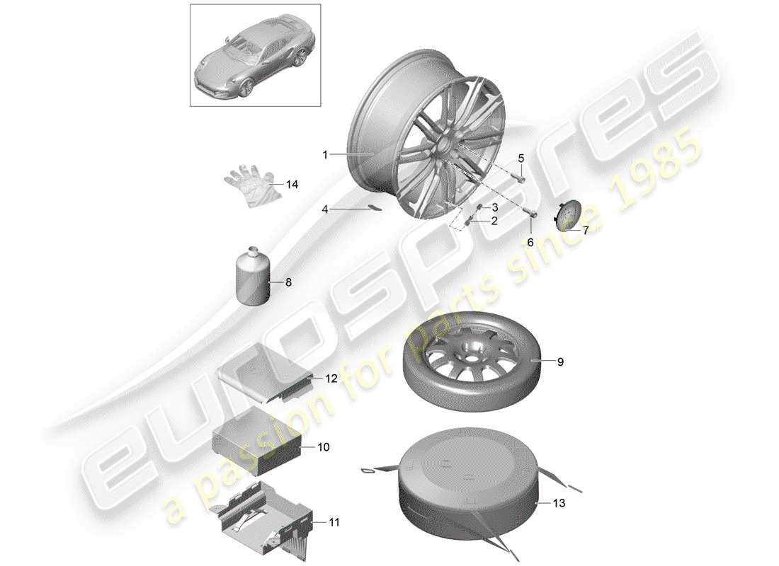 porsche 991 turbo (2018) diagramma delle parti del cerchio in lega