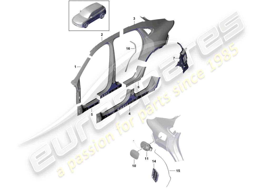 porsche 2022 (cayenne e3 9ya/9yb) diagramma della parte laterale esterna della coupé