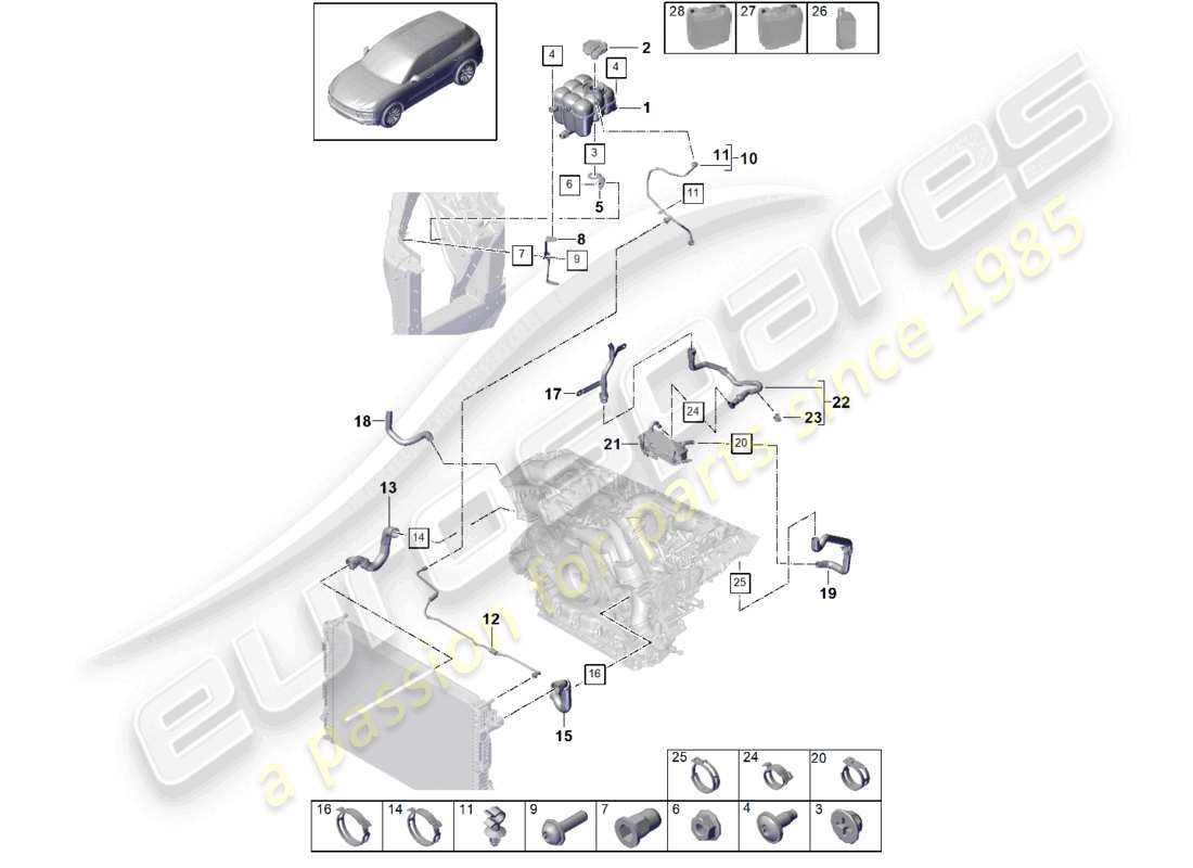 porsche 2022 (cayenne e3 9ya/9yb) sistema di raffreddamento del liquido di raffreddamento serbatoio di espansione del liquido di raffreddamento tubo del liquido di raffreddamento diagramma delle parti