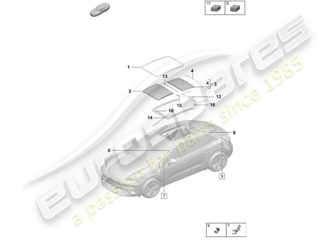 porsche 2025 (macan-e) tetto in vetro accessori copertura tubo di scarico dell'acqua schema delle parti