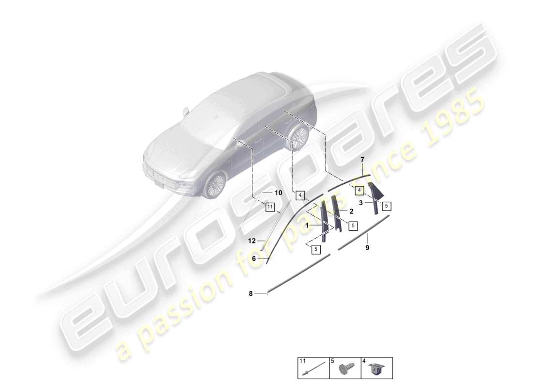 porsche 2023 (cayenne e3 9ya/9yb) modanature superiori, finiture esterne, schema delle parti della coupé