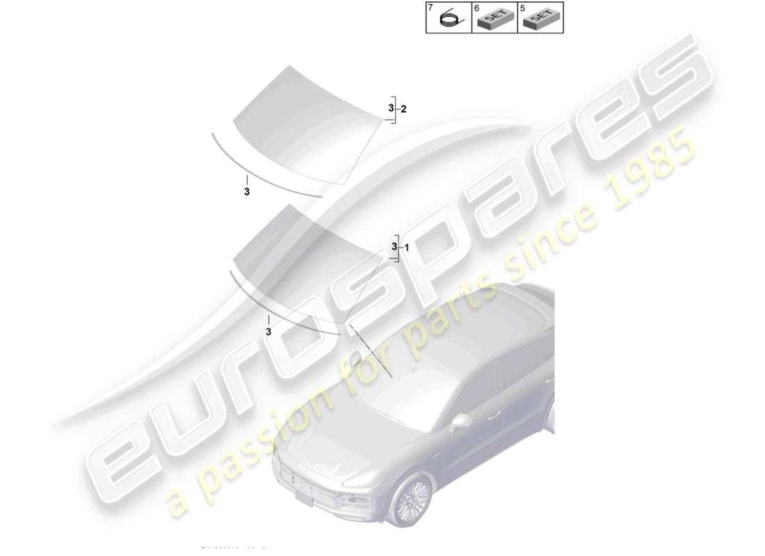 porsche 2023 (cayenne e3 9ya/9yb) diagramma delle parti del parabrezza coupe