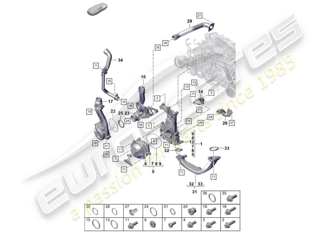 porsche 2022 (992-1 gt3/rs/st) diagramma delle parti dell'alloggiamento del termostato del termostato della pompa del refrigerante