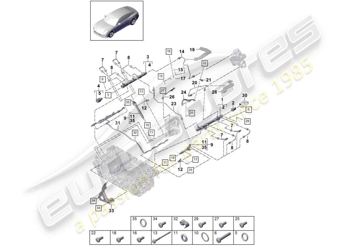 porsche 2021 (panamera 971-1) schema delle parti del tubo di raccolta del carburante, iniettore ad alta pressione, linea del carburante