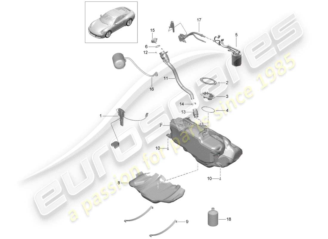 porsche 991 turbo (2018) diagramma delle parti del serbatoio del carburante