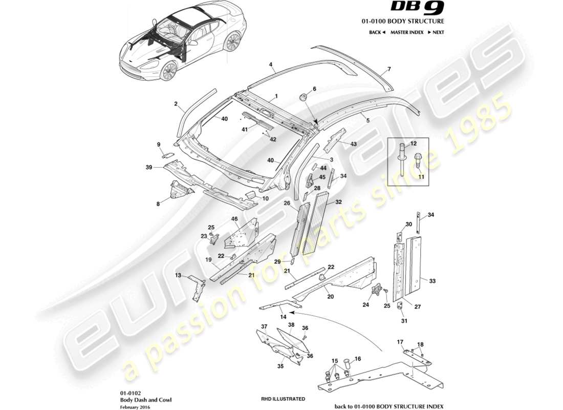 aston martin db9 (2016) cruscotto e cappuccio della carrozzeria, diagramma delle parti della coupé