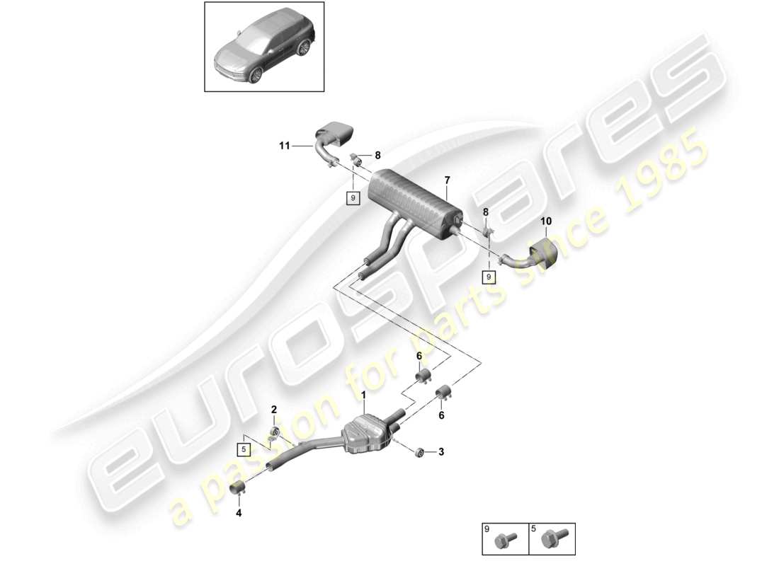 porsche 2022 (cayenne e3 9ya/9yb) sistema di scarico silenziatore anteriore silenziatore posteriore terminale di scarico diagramma delle parti