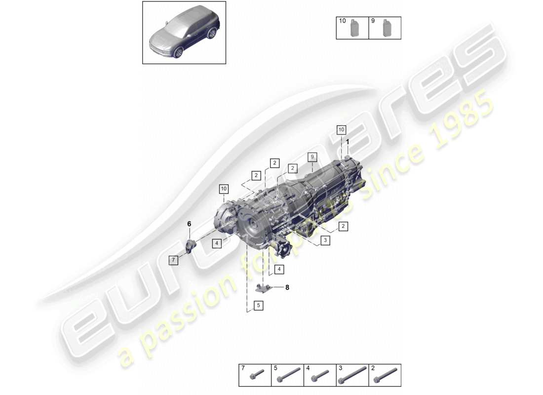 porsche 2022 (cayenne e3 9ya/9yb) 8-speed cambio automatico per veicoli con trazione ibrida, montaggio di componenti per motore e trasmissione schema dei componenti