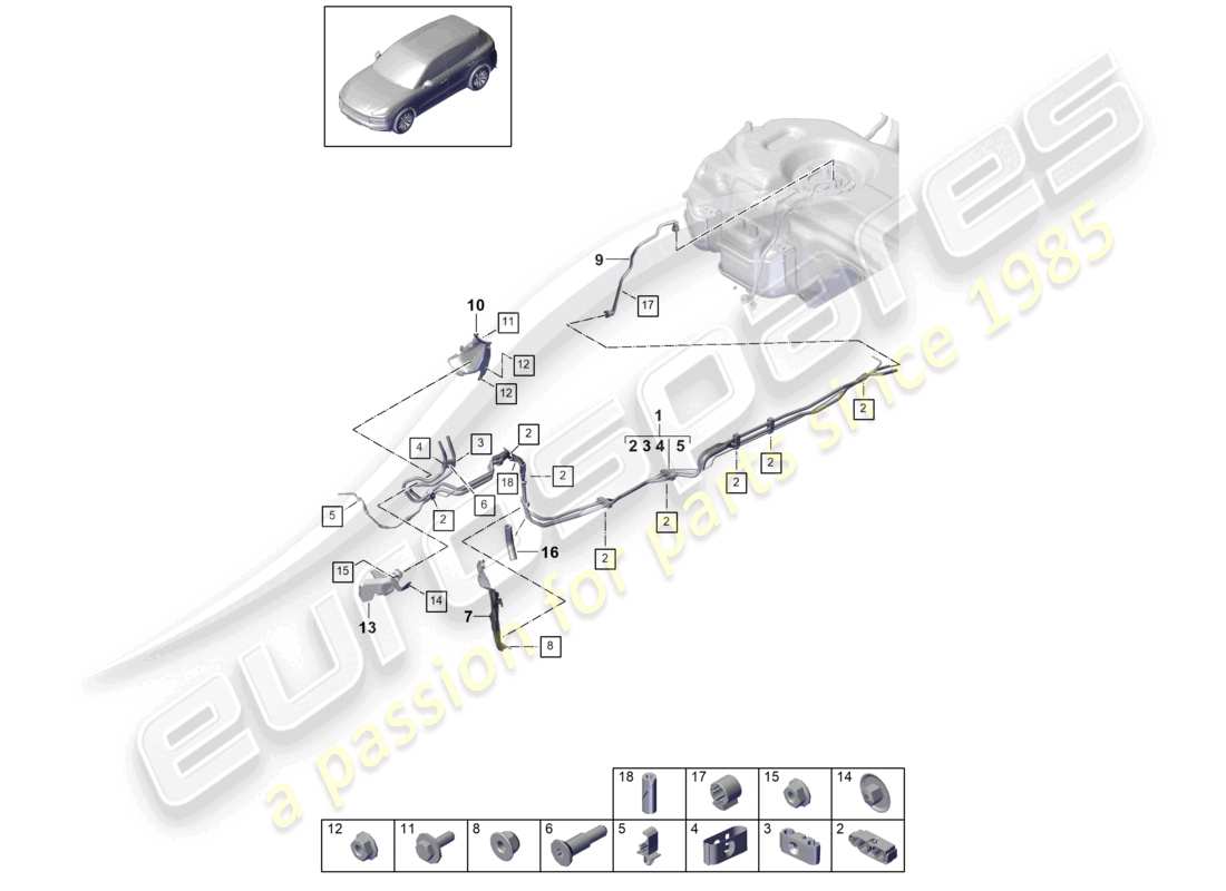 porsche 2023 (cayenne e3 9ya/9yb) linea del carburante sottoscocca diagramma delle parti