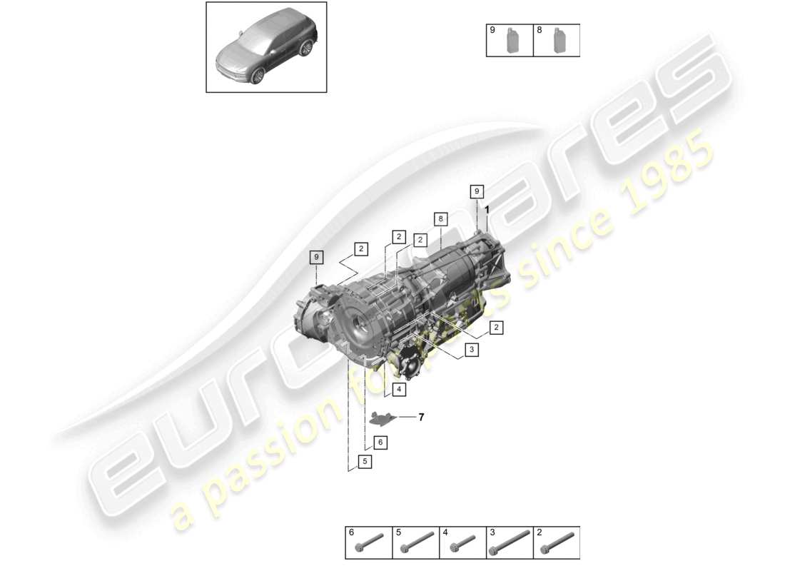 porsche 2023 (cayenne e3 9ya/9yb) 8-speed cambio automatico per trazione integrale, parti di montaggio per motore e trasmissione, diagramma delle parti