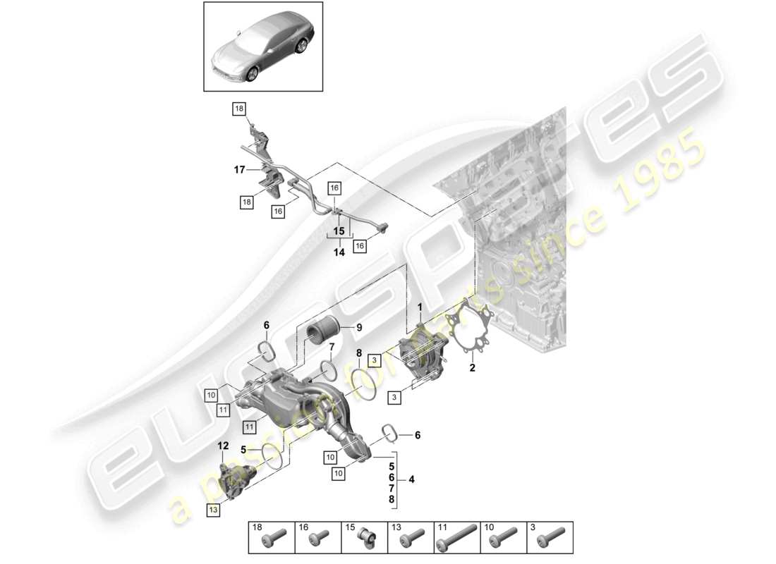 porsche 2021 (panamera 971-1) alloggiamento del termostato della pompa del liquido di raffreddamento linea di sfiato diagramma delle parti