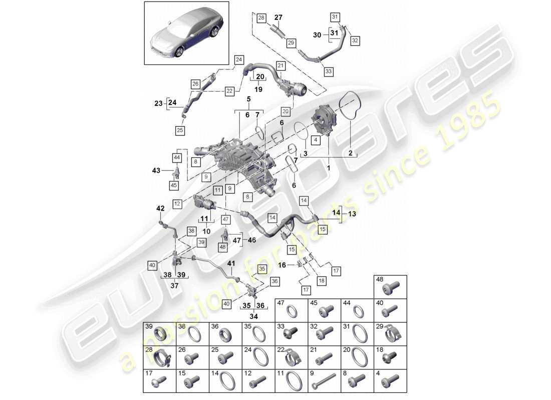 porsche 2021 (panamera 971-1) alloggiamento del termostato della pompa del liquido di raffreddamento tubo del liquido di raffreddamento linea di sfiato diagramma delle parti