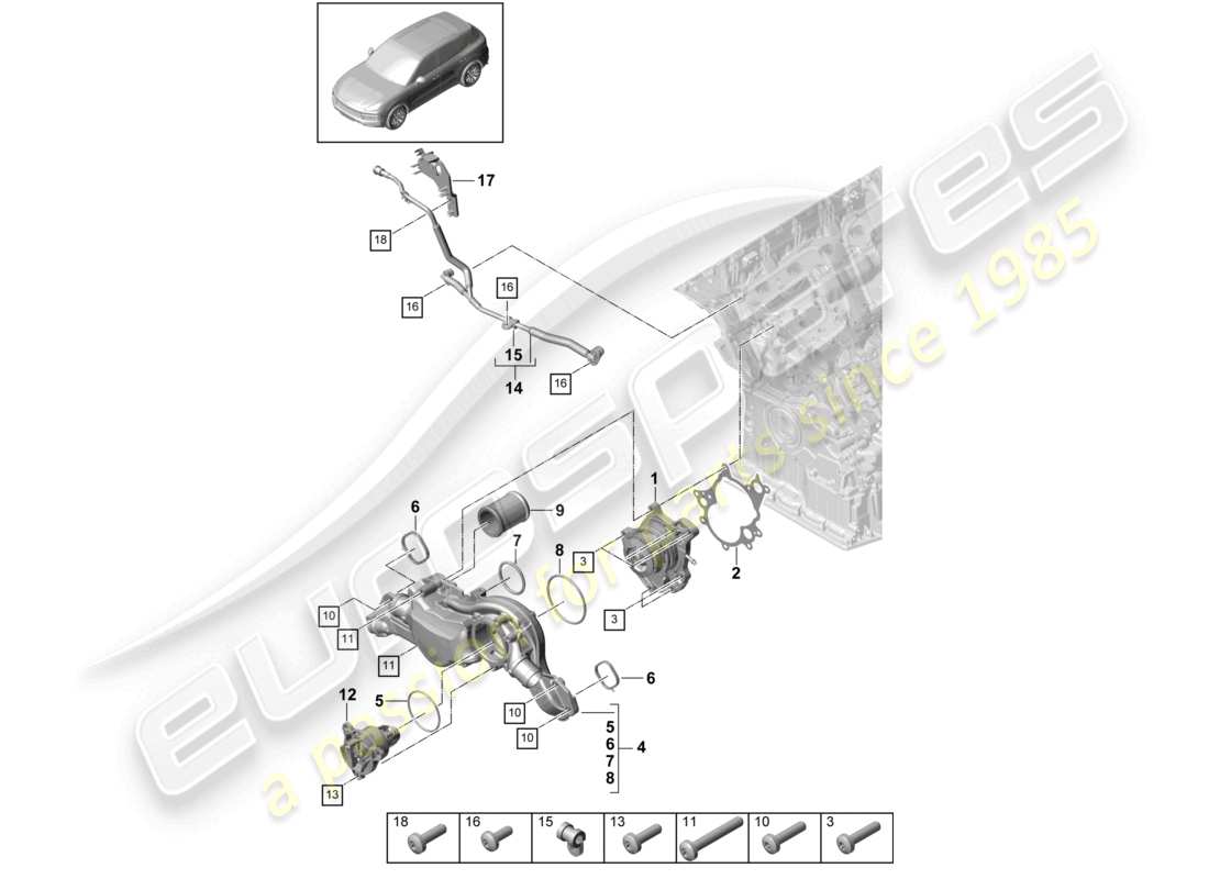 porsche 2024 (cayenne e3 9ya/9yb) schema delle parti della linea di sfiato dell'alloggiamento del termostato della pompa del liquido di raffreddamento