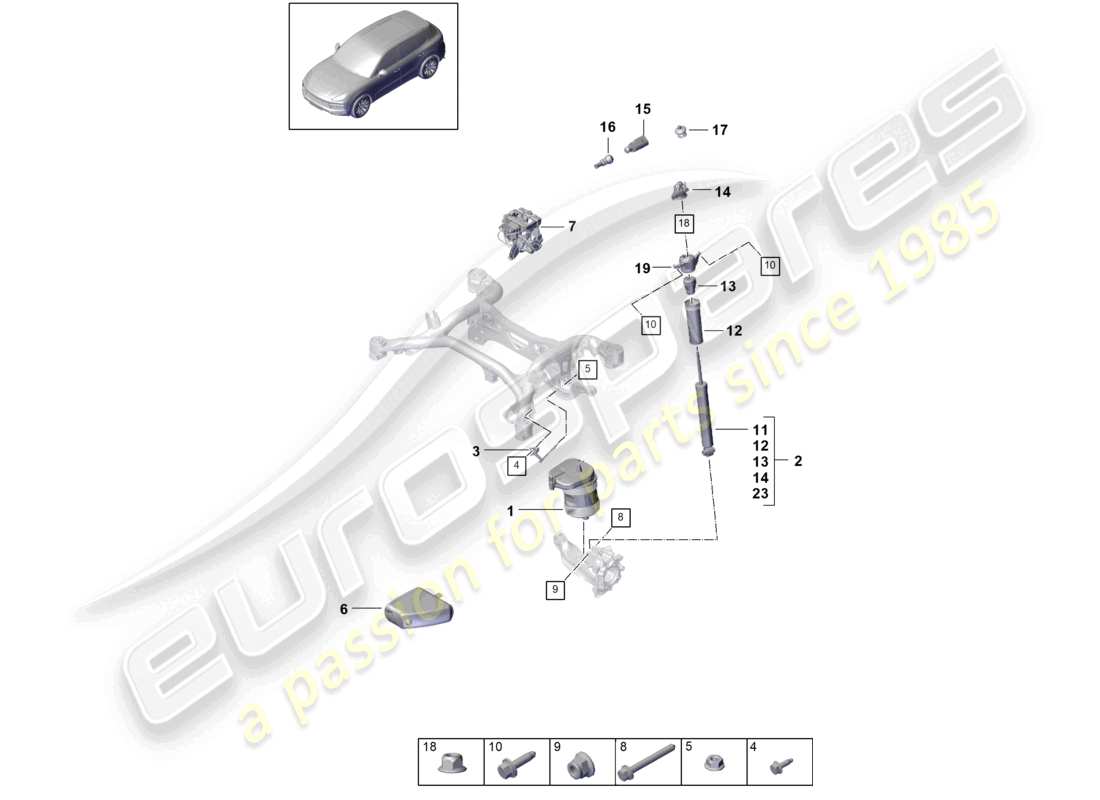 porsche 2022 (cayenne e3 9ya/9yb) sospensioni pneumatiche, molle pneumatiche, ammortizzatori, sensore di livello, diagramma delle parti