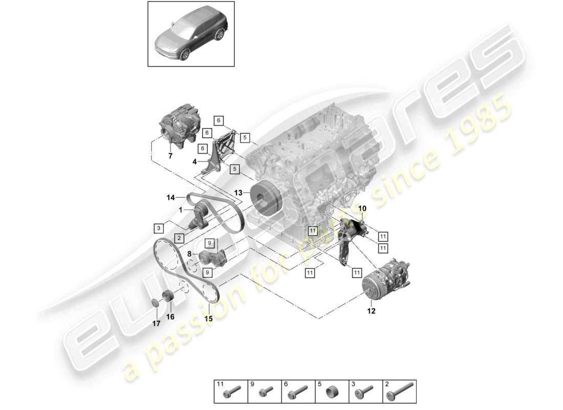 porsche 2023 (cayenne e3 9ya/9yb) cinghia poly-v tenditore della cinghia diagramma delle parti
