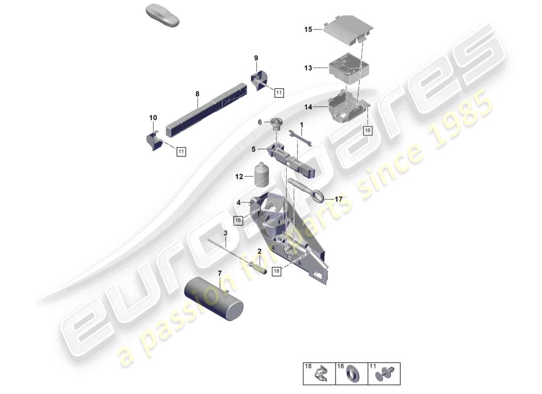 porsche 2025 (992-2 gt3) triangolo di emergenza per cric, borsa di pronto soccorso, kit di riparazione con compressore, diagramma delle parti