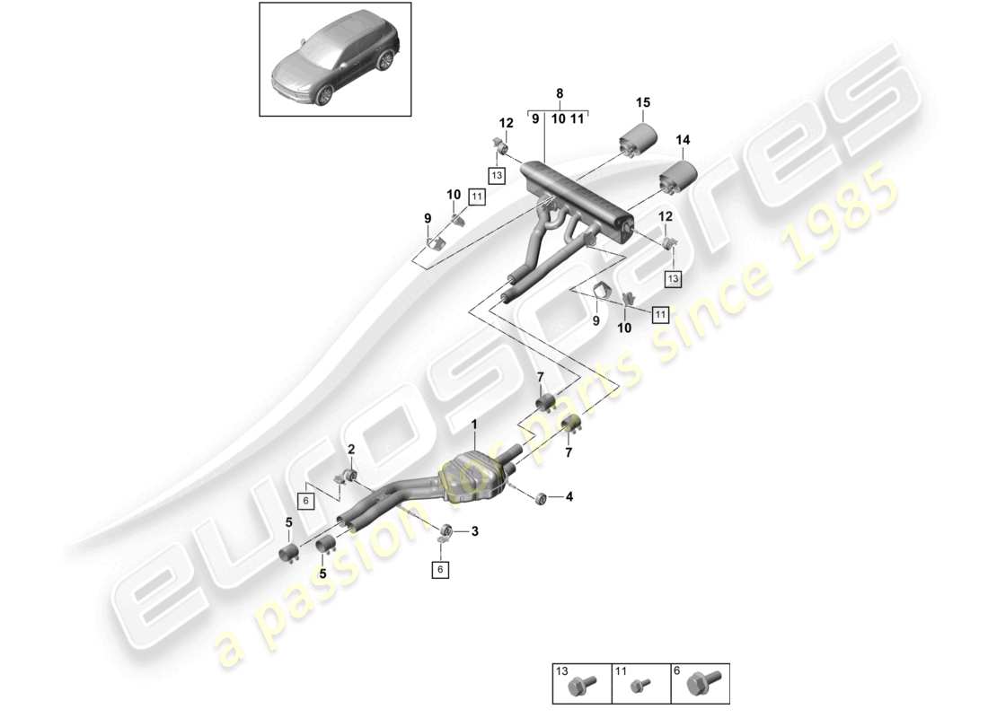 porsche 2022 (cayenne e3 9ya/9yb) sistema di scarico versione sportiva silenziatore anteriore silenziatore posteriore terminale di scarico schema dei componenti