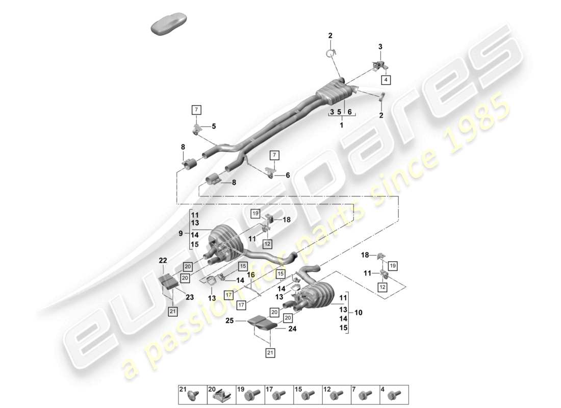 porsche 2021 (panamera 971-2) sistema di scarico silenziatore anteriore silenziatore posteriore terminale di scarico diagramma delle parti
