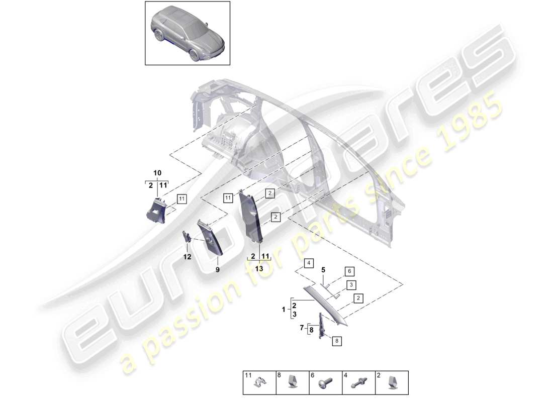 porsche 2021 (cayenne e3 9ya/9yb) schema delle parti del rivestimento e dell'elemento di deformazione del montante a superiore del montante b del montante c