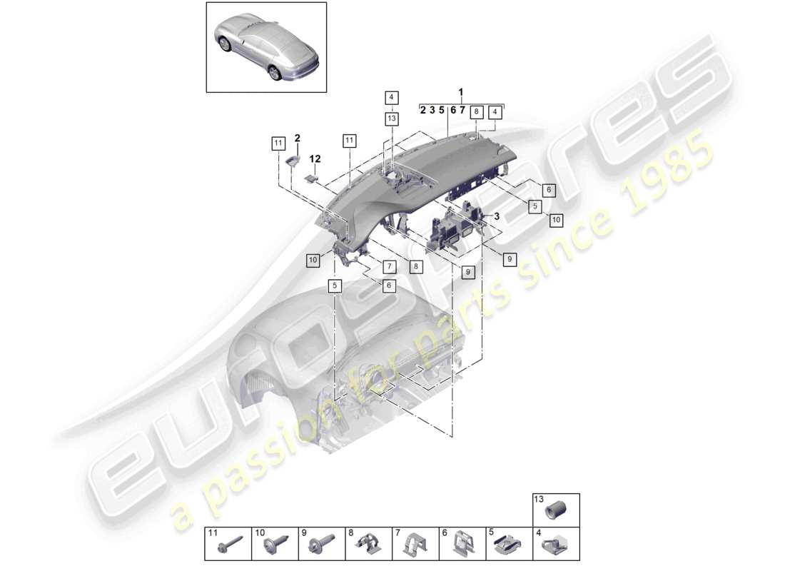 porsche 2021 (panamera 971-1) cruscotto parte superiore con: elementi di fissaggio schema delle parti