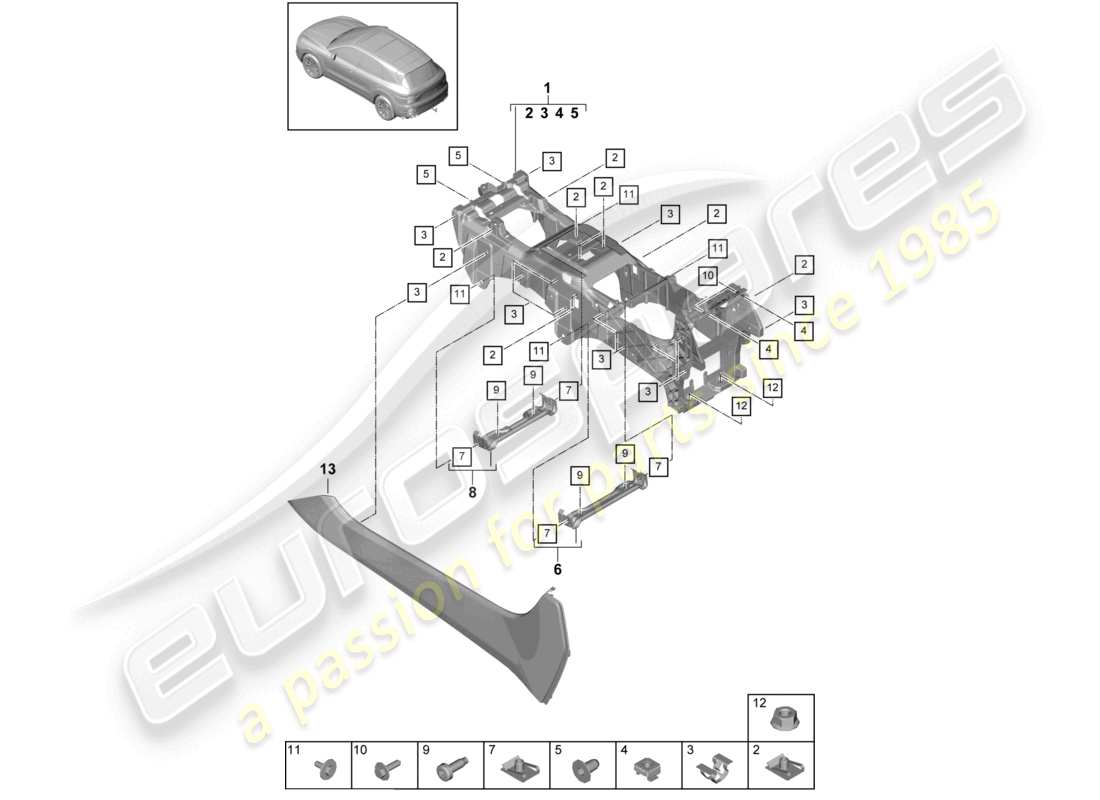 porsche 2022 (cayenne e3 9ya/9yb) console centrale inferiore diagramma delle parti