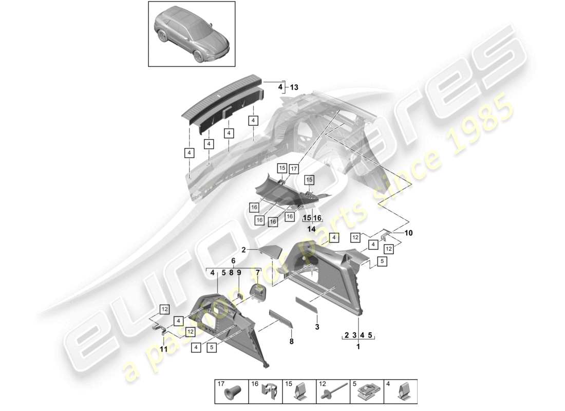 porsche 2022 (cayenne e3 9ya/9yb) schema delle parti del rivestimento del montante d laterale del rivestimento del vano bagagli