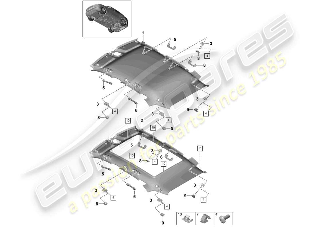 porsche 2022 (cayenne e3 9ya/9yb) schema delle parti del rivestimento del tetto e degli accessori
