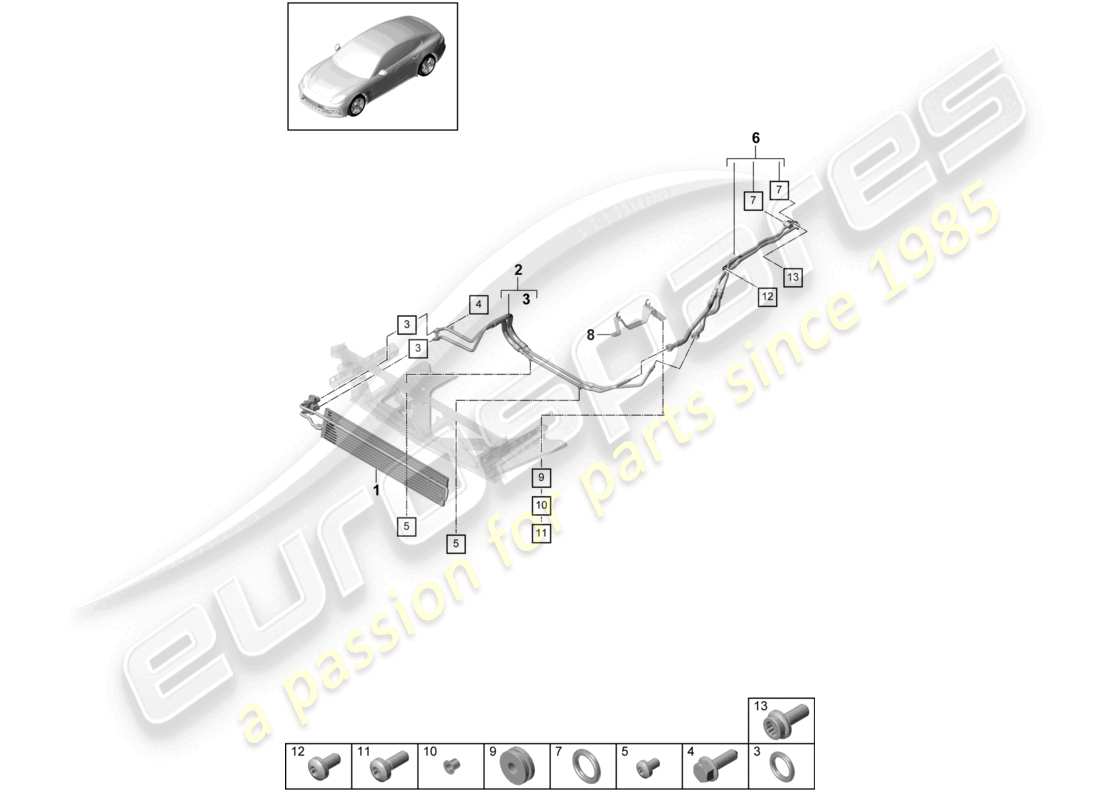 porsche 2021 (panamera 971-1) linea di pressione dell'olio del radiatore dell'olio del cambio per il raffreddamento dell'olio del cambio - pdk - schema dei componenti del cambio