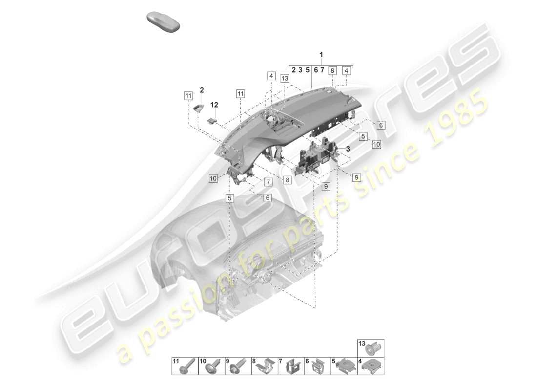 porsche 2024 (panamera 971-2) cruscotto parte superiore con: elementi di fissaggio schema delle parti