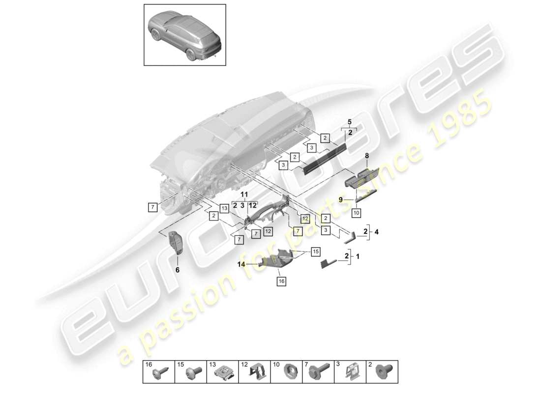 porsche 2022 (cayenne e3 9ya/9yb) schema delle parti degli accessori anteriori del rivestimento del pannello strumenti