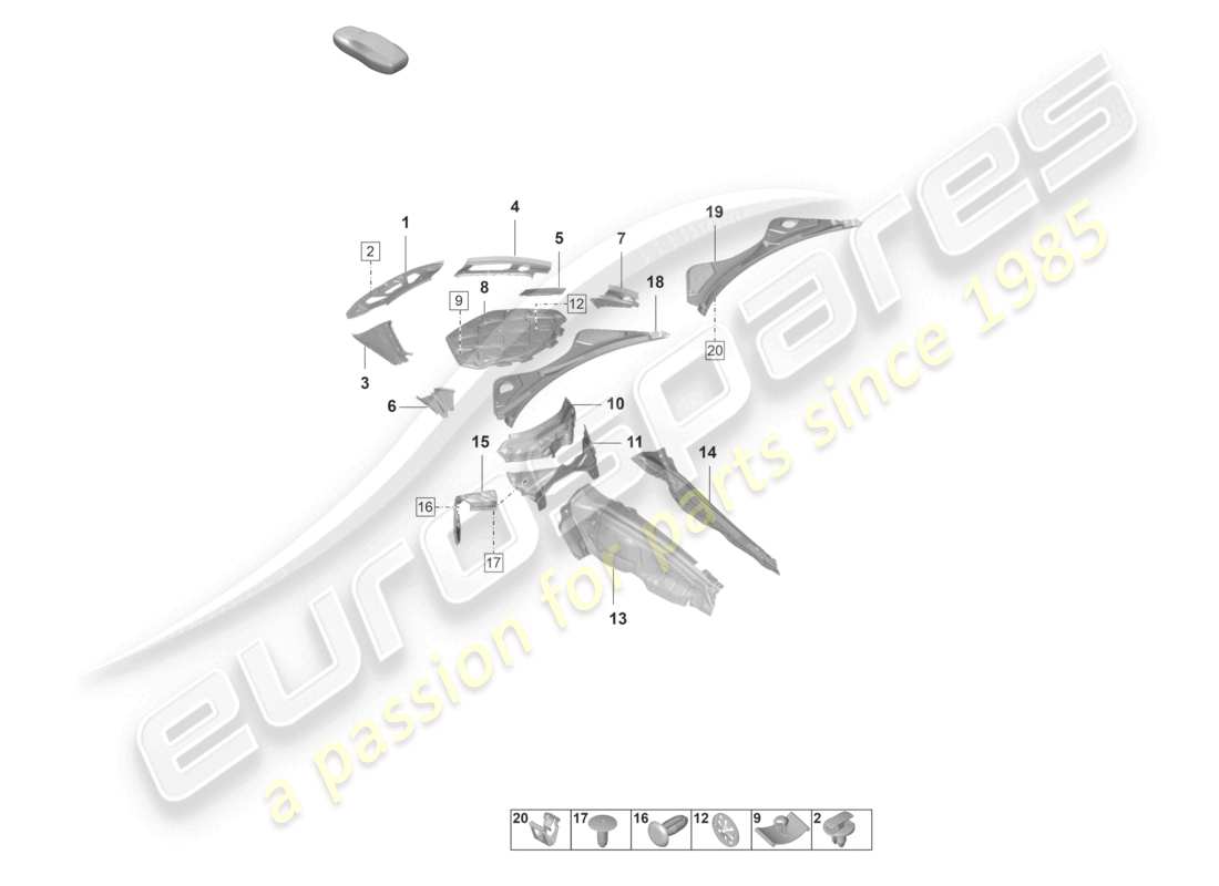 porsche 2021 (panamera 971-2) copertura per vano motore schema delle parti dell'assorbitore acustico
