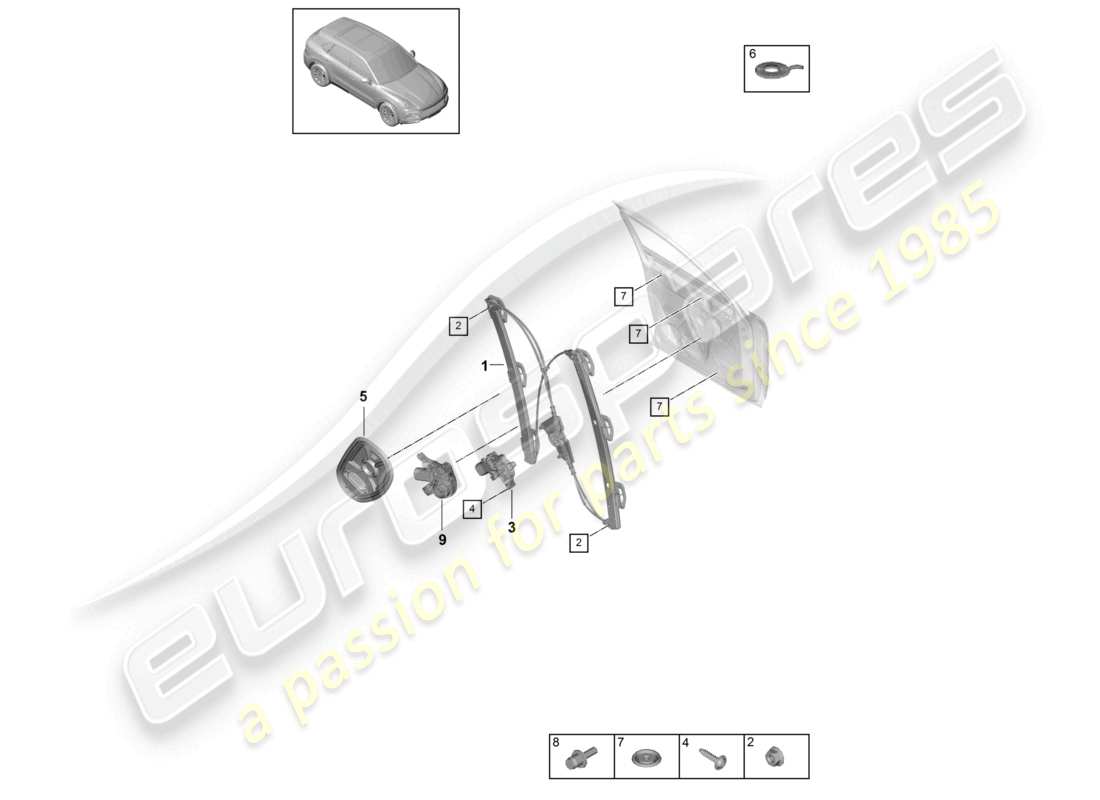 porsche 2022 (cayenne e3 9ya/9yb) schema dei componenti del supporto del gruppo alzacristalli anteriore