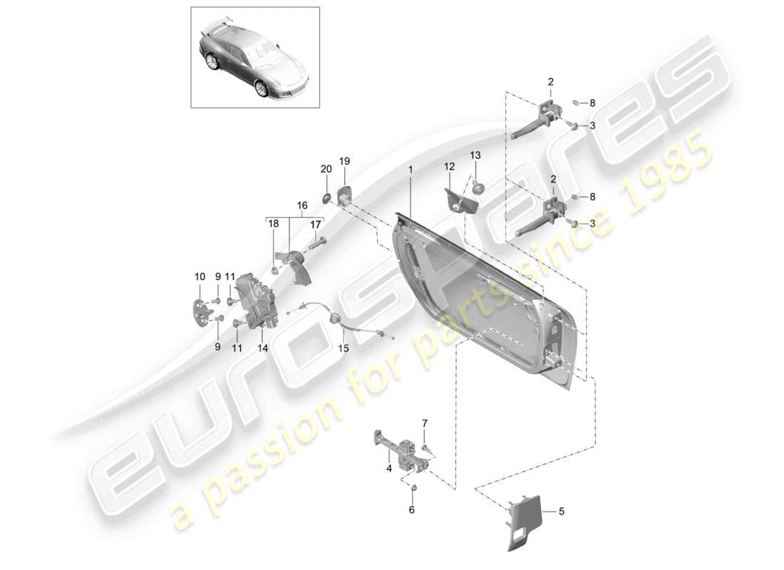 porsche 2021 (991-2 r/gt3/rs) schema delle parti della serratura della porta