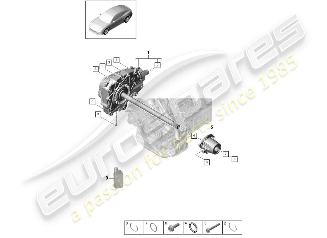 porsche 2021 (panamera 971-1) differenziale dell'assale anteriore console pronta per l'installazione schema dei componenti